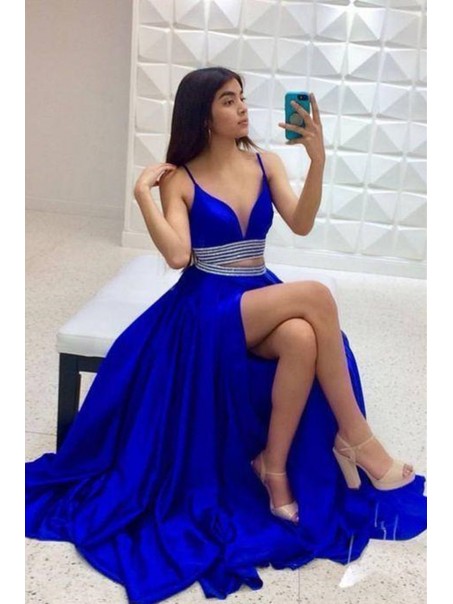 Long Royal Blue Two Pieces Beaded Prom Dress Formal Evening Gowns 901441