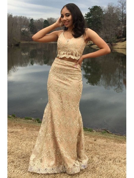 Mermaid Two Pieces Lace Long Prom Dress Formal Evening Gowns 901442