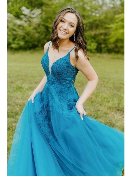 A-Line Lace Long Spaghetti Straps Prom Dress Formal Evening Gowns 901443