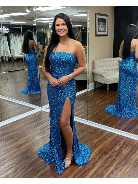 Long Royal Blue Strapless Sequin Prom Dress Formal Evening Gowns 901450
