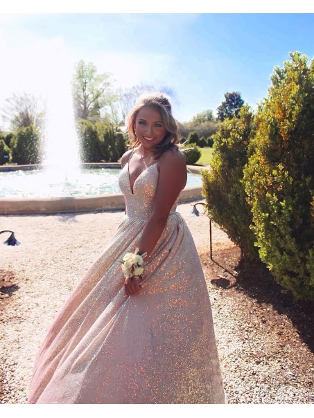 A-Line Sparkle V Neck Prom Dress Formal Evening Gowns 901452