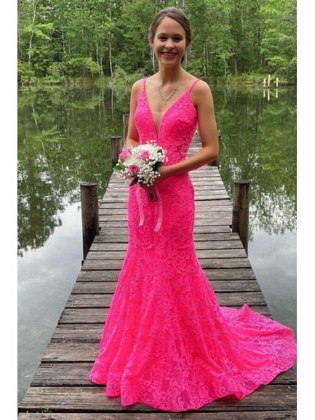 Elegant Mermaid Spaghetti Straps Lace Prom Dress Formal Evening Gowns 901455