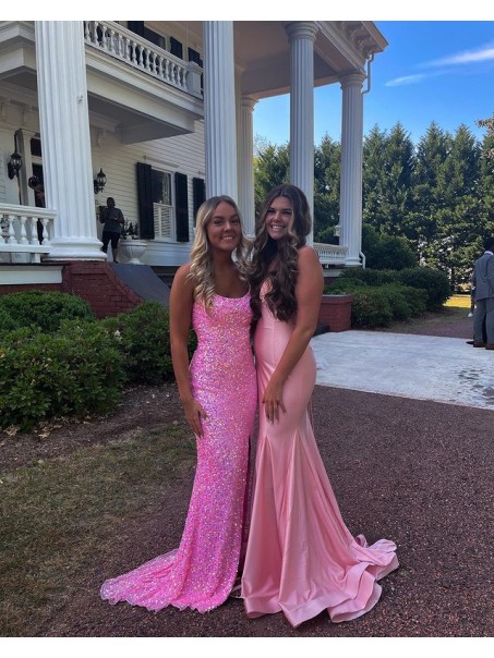 Long Pink Spaghetti Straps Sequin Prom Dress Formal Evening Gowns 901461