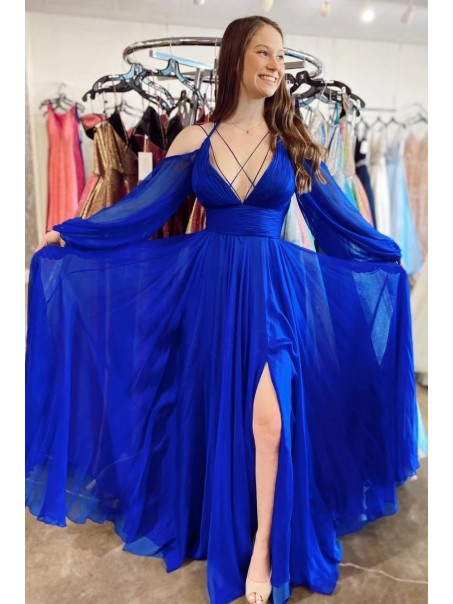 Long Chiffon Royal Blue Long Sleeves Prom Dress Formal Evening Gowns 901466