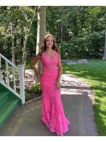 Long Pink Lace Prom Dress Formal Evening Gowns 901473 Long Pink Lace Prom Dress Formal Evening Gowns 901473