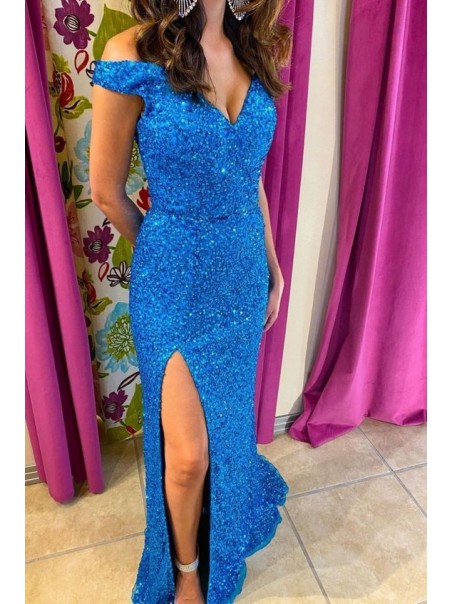 Long Royal Blue Off the Shoulder Sequin Prom Dress Formal Evening Gowns 901485