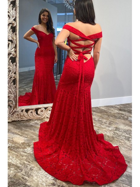 Long Red Lace Off the Shoulder Prom Dress Formal Evening Gowns 901497