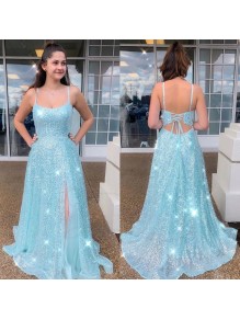 A-Line Sequin Tulle Spaghetti Straps Prom Dress Formal Evening Gowns 901499
