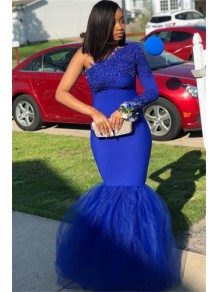 Long Royal Blue Mermaid One Shoulder Prom Dress Formal Evening Gowns 901504