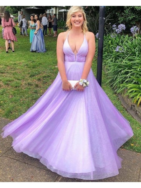 A-Line Tulle V Neck Prom Dress Formal Evening Gowns 901507