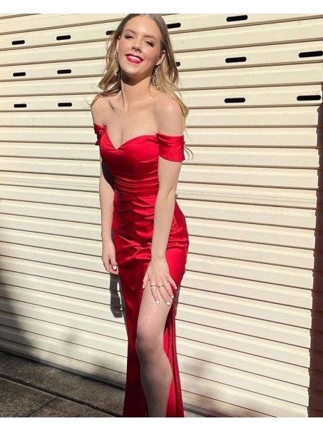 Long Red Off the Shoulder Prom Dress Formal Evening Gowns 901510