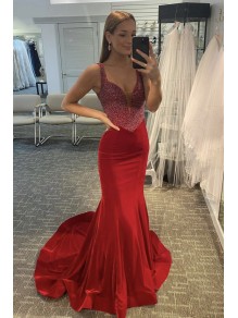 Long Red Mermaid Beaded Prom Dress Formal Evening Gowns 901526 Long Red Mermaid Beaded Prom Dress Formal Evening Gowns 901526