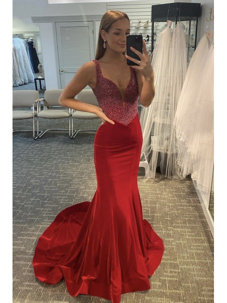 Long Red Mermaid Beaded Prom Dress Formal Evening Gowns 901526