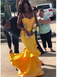 Long Yellow Mermaid Beaded Lace Prom Dress Formal Evening Gowns 901529 Long Yellow Mermaid Beaded Lace Prom Dress Formal Evening Gowns 901529