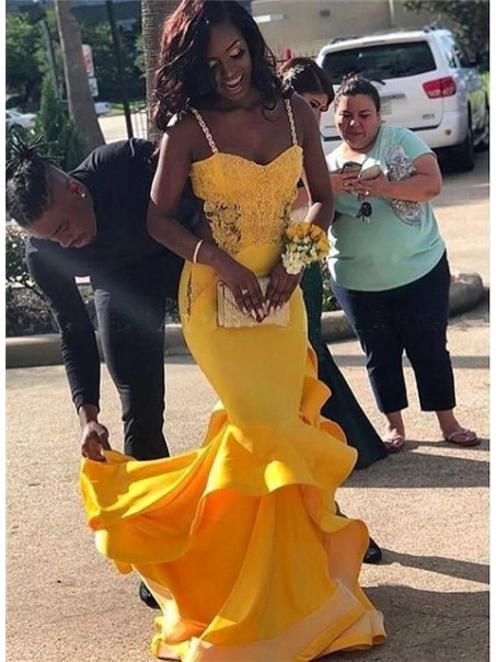 Long Yellow Mermaid Beaded Lace Prom Dress Formal Evening Gowns 901529