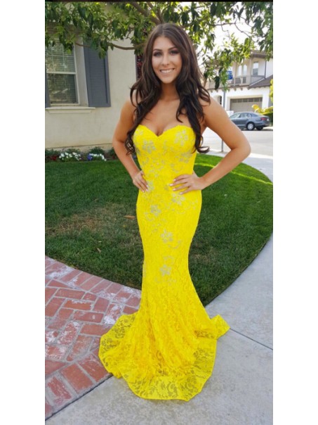 Mermaid Long Yellow Lace Prom Dresses Formal Evening Gowns 901530