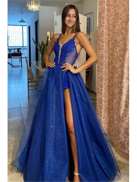 Long Royal Blue Lace and Tulle Prom Dresses Formal Evening Gowns 901531