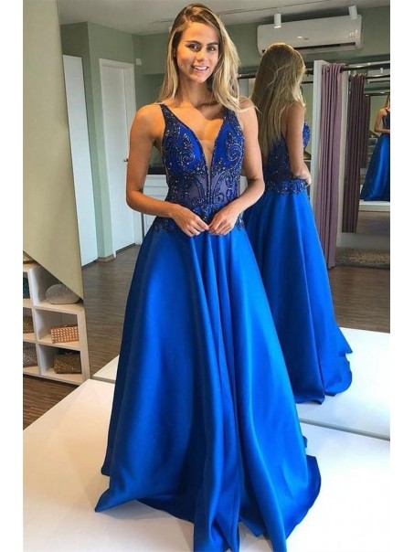 Long Royal Blue Beaded Prom Dresses Formal Evening Gowns 901535