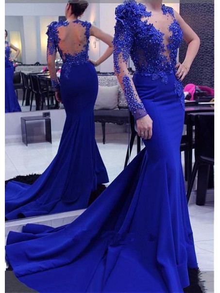 Long Royal Blue Mermaid Lace Prom Dresses Formal Evening Gowns 901543