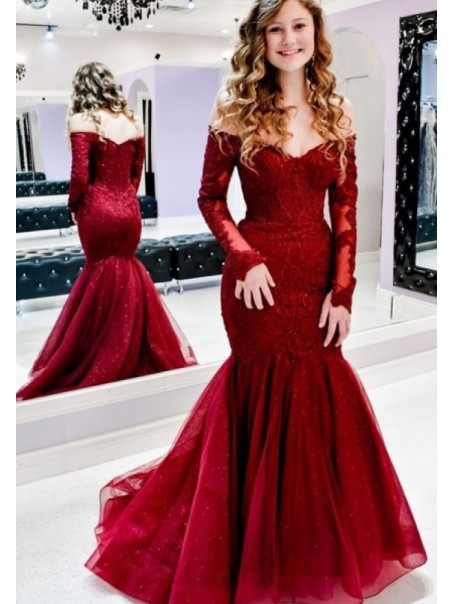 Elegant Mermaid Long Sleeves Prom Dresses Formal Evening Gowns 901565