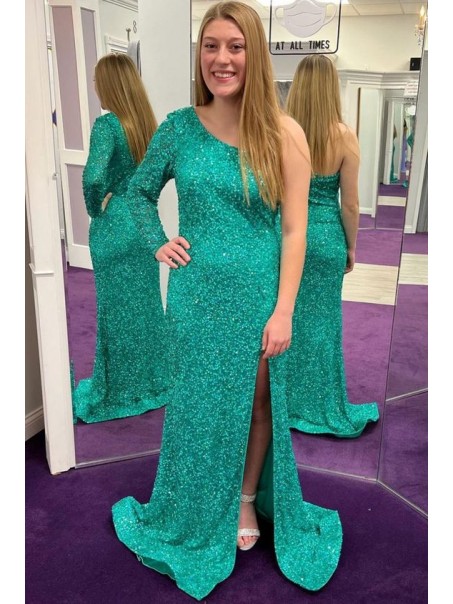 Long Green One Shoulder Sequin Prom Dresses Formal Evening Gowns 901581