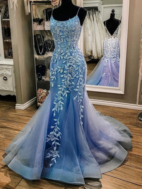 Long Blue Mermaid Lace and Tulle Prom Dresses Formal Evening Gowns 901587