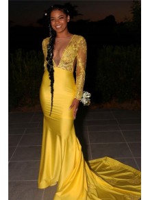Long Yellow Mermaid Lace Prom Dresses Formal Evening Gowns 901592 Long Yellow Mermaid Lace Prom Dresses Formal Evening Gowns 901592