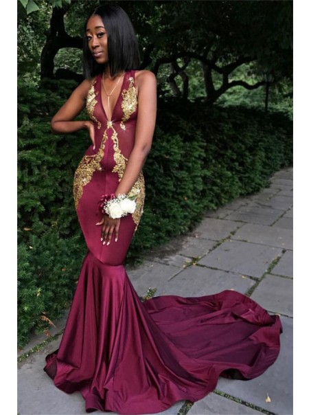 Long Mermaid Gold Lace Prom Dresses Formal Evening Gowns 901596