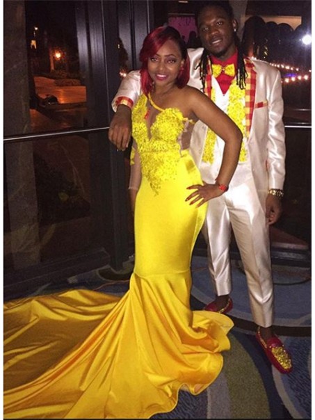 Long Yellow Mermaid One Shoulder Prom Dresses Formal Evening Gowns 901597