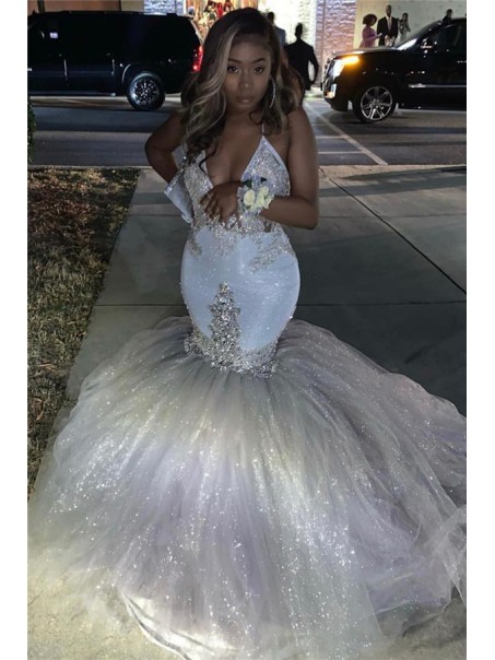 Long White Mermaid Sparkle Lace Prom Dresses Formal Evening Gowns 901599