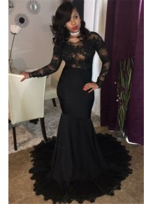 Long Black Mermaid Lace Prom Dresses Formal Evening Gowns 901603