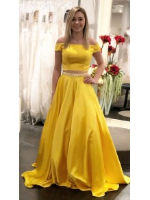 Long Yellow Beaded Two Pieces Prom Dresses Formal Evening Gowns 901606