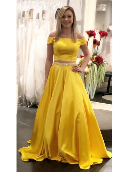 Long Yellow Beaded Two Pieces Prom Dresses Formal Evening Gowns 901606