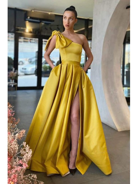 A-Line One Shoulder Long Prom Dresses Formal Evening Gowns 901619