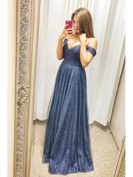 A-Line Sparkle Off the Shoulder Prom Dresses Formal Evening Gowns 901621