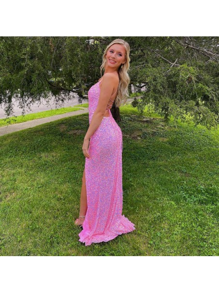 Long Pink Sequin Prom Dresses Formal Evening Gowns 901632