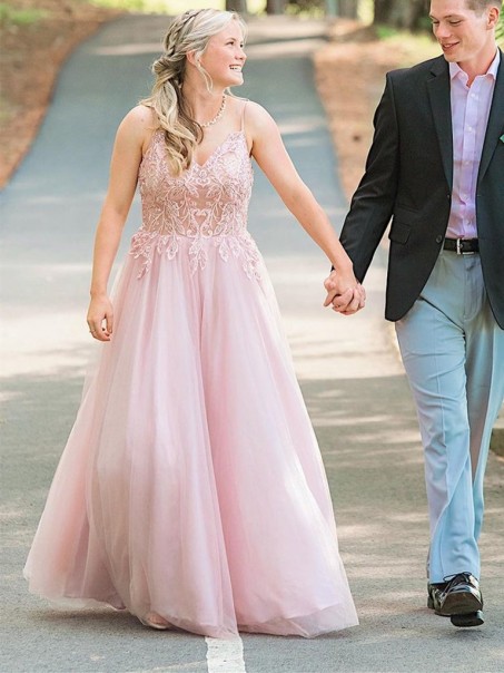 A-Line Long Pink Beaded Lace Prom Dresses Formal Evening Gowns 901637