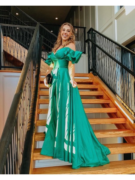 A-Line Long Green Off the Shoulder Prom Dresses Formal Evening Gowns 901638