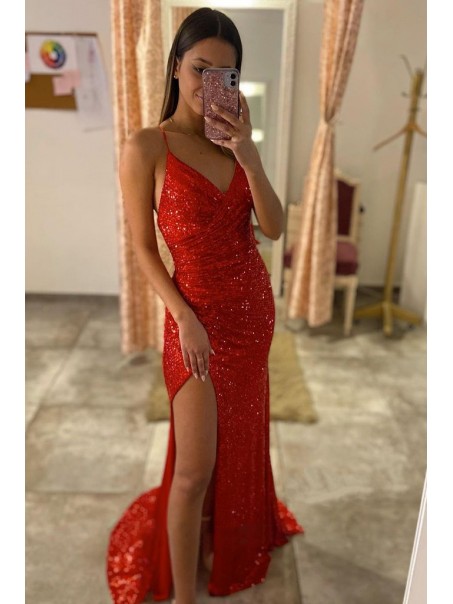 Elegant Long Red Sequin Prom Dresses Formal Evening Gowns 901644