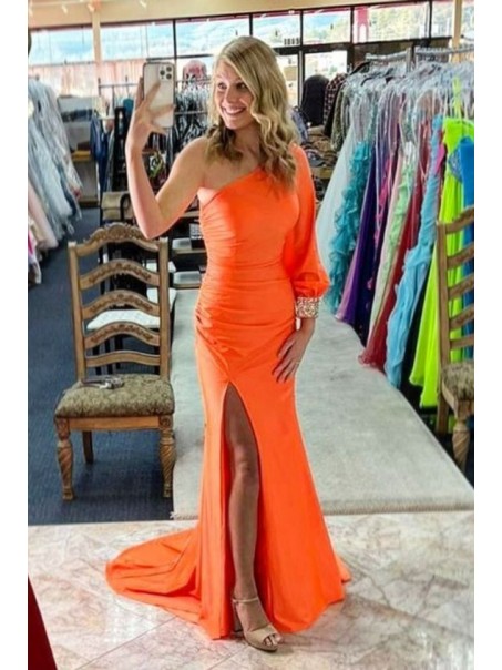 Long Mermaid One Shoulder Orange Prom Dresses Formal Evening Gowns 901660
