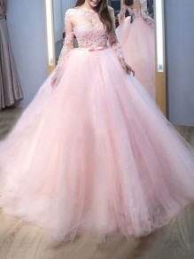 Long Pink Lace and Tulle Prom Dresses Formal Evening Gowns 901666 Long Pink Lace and Tulle Prom Dresses Formal Evening Gowns 901666