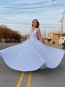 A-Line Sparkle Sequin Long Prom Dresses Formal Evening Gowns 901668