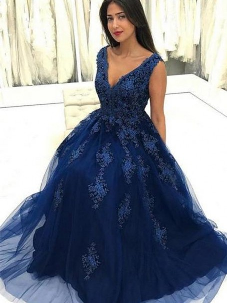 Long Navy Blue Lace and Tulle Prom Dresses Formal Evening Gowns 901669 Long Navy Blue Lace and Tulle Prom Dresses Formal Evening Gowns 901669