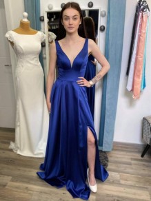 Long Royal Blue V Neck Prom Dresses Formal Evening Gowns 901672