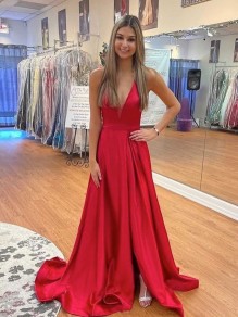 Long Red V Neck Prom Dresses Formal Evening Gowns 901678