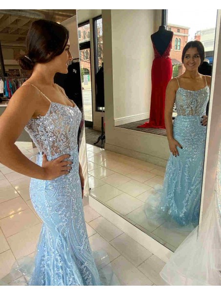 Long Blue Sequin Prom Dresses Formal Evening Gowns 901687