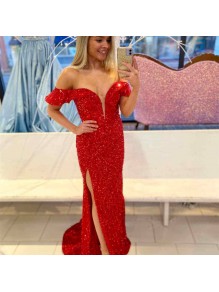 Long Red Sequin Off the Shoulder Prom Dresses Formal Evening Gowns 901689 Long Red Sequin Off the Shoulder Prom Dresses Formal Evening Gowns 901689
