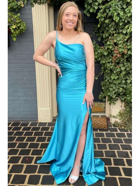 Long Blue One Shoulder Prom Dresses Formal Evening Gowns 901691