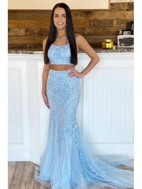 Long Blue Two Pieces Lace Prom Dresses Formal Evening Gowns 901707 Long Blue Two Pieces Lace Prom Dresses Formal Evening Gowns 901707