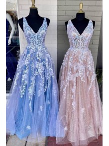 A-Line Lace V Neck Prom Dresses Formal Evening Gowns 901713